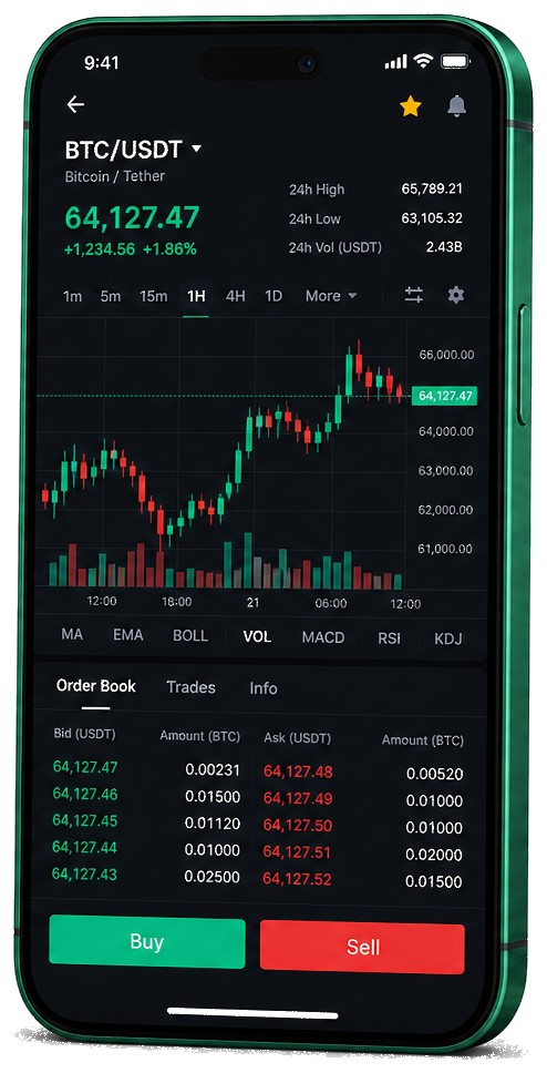 Application mobile Stvulkadro — graphique BTC/USDT en direct, carnet d’ordres et outils de trading